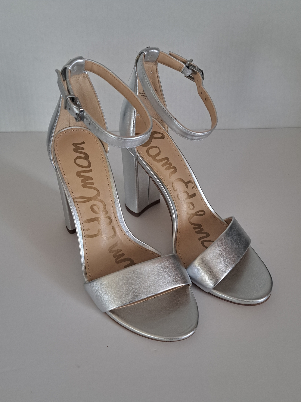Sam Edelman Yaro Silver Leather Block-Heel Ankle-Strap Sandals